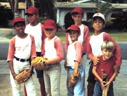 Speaking of small ball: Some members of my fellow Red Barons little league baseball team back in my Hawaii days. Front row: Kevin Golden, me, Brad Garside, and bat wrangler/little brother Ken. Back row: Robert Anae, Brad Hardesty, and Matt Anae.